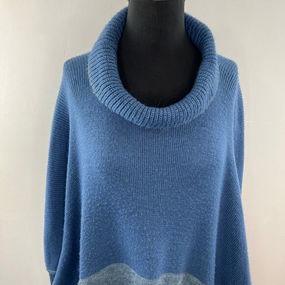 Lombaggi Knitwear Blue Angora Blend Oversized Cowl Neck Colorblock Poncho PERU - Picture 2 of 7